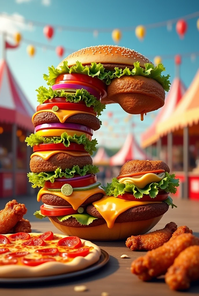the letter "C" made of various junk foods like burgers pizzas and chicken wings