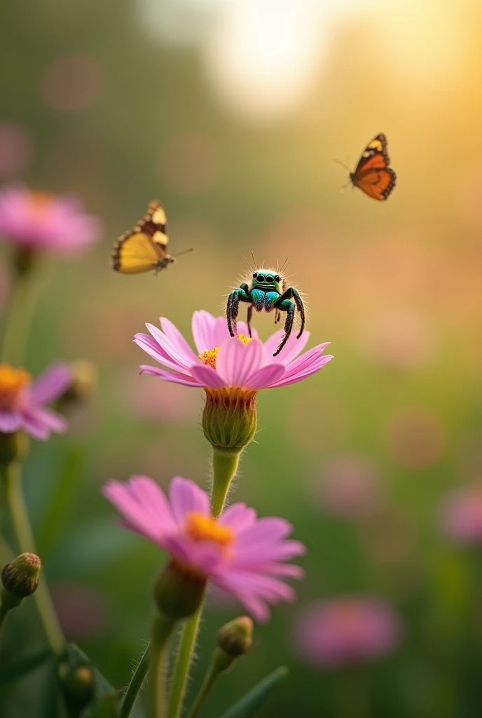 a jumping spider jumping from a flower