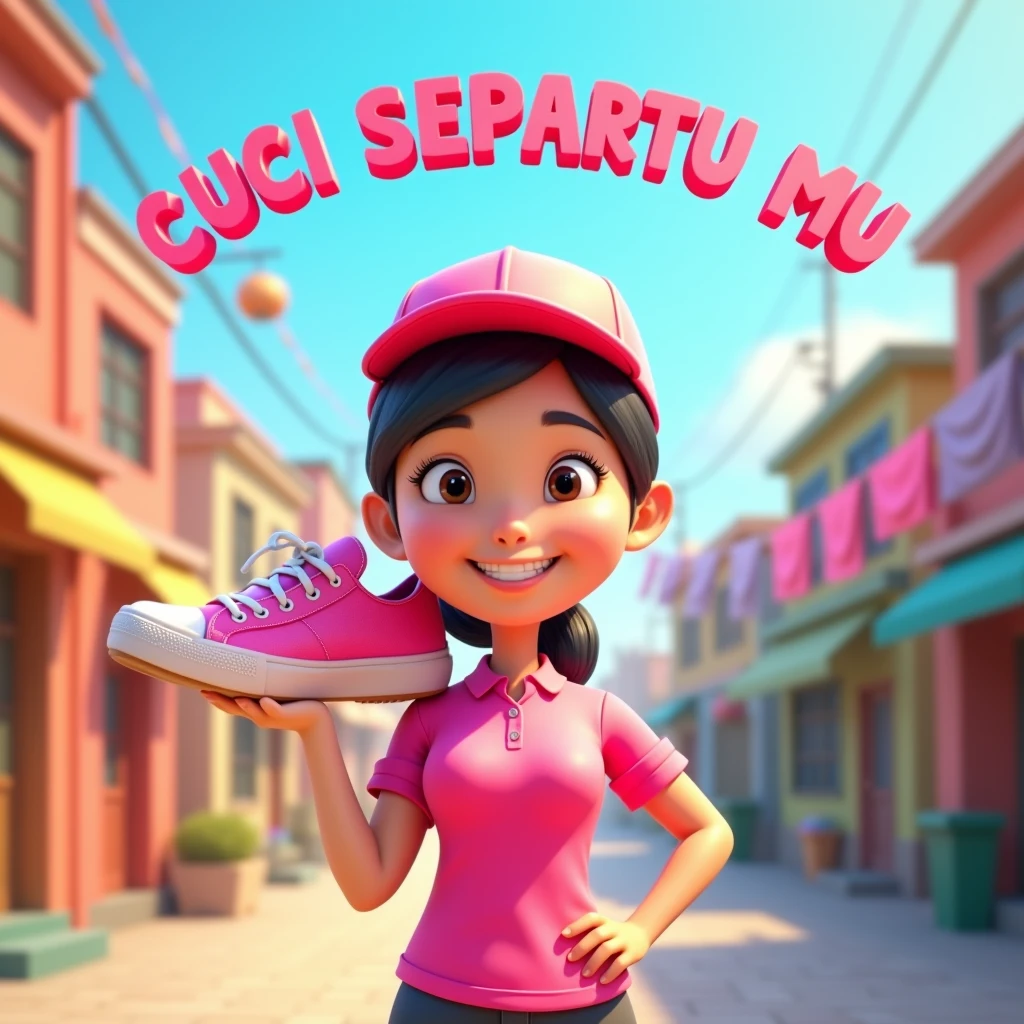 3D cartoon, HD, a Chinese woman as a laundry courier, wearing a pink shirt, carrying a SHOE, the title says "CUCI SEPATU MU" , no logo