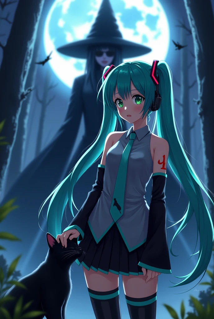 Anime art, anime style, detailed drawing, forest background, high definition, high quality, one girl, solo, Hatsune Miku, aqua hair, twin tails, headphones, number tattoo "01" (red colored number tattoo, located on her right hand), grey sleeveless collared shirt, black detached sleeves with aqua lines, five fingers with aqua nails, aqua necktie, black pleated mini skirt with aqua lines, zettai ryouiki, thigh-high black boots with aqua lines.
In the night, Miku Hatsune gently strokes the head of a black cat, there's a witch following her behind.
