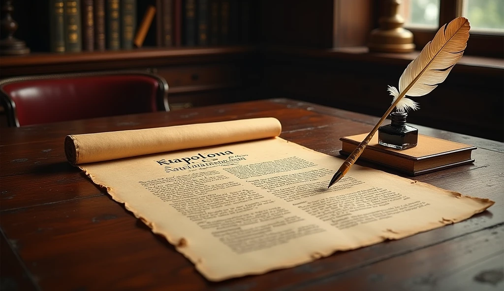 An official-looking document representing the Napoleonic Code, with a quill pen and ink bottle on a wooden table."
