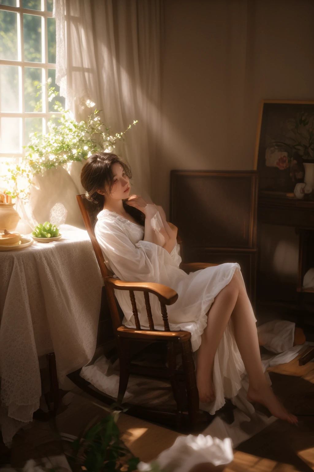 there is a woman sitting in a rocking chair with a cup of coffee, summer morning light, inspired by William-Adolphe Bouguereau, dreamy atmosphere and drama, soft morning light, soft ethereal lighting, portrait shot, dreamy scene, morning lighting, summer morning, inspired by Howard Chandler Christy, inspired by Thomas Stothard, soft morning lighting, summer afternoon
