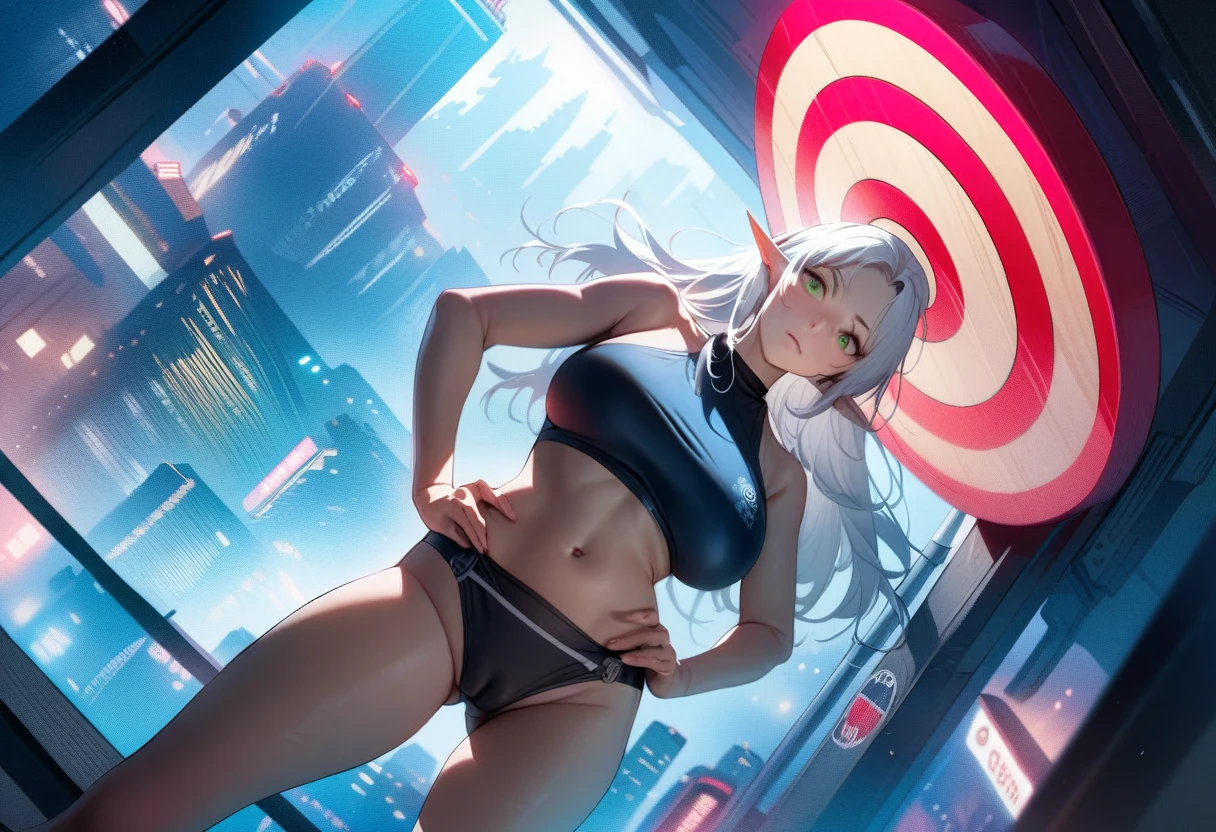 High-key and low-variance brightness levels,Soft Light,Realistic light and shadow,Light and dark intertwined,(Target your audience:1.4),Looking at the audience,dramaticangle,(Solitary:1.6),(masterpiece),(best quality),(high resolution),(By famous artists),(((Official Art))),(author:Paul Hedley),(illustration),1 Girl,(freeze),(Elf),Agent Female,(Big Breasts:1.5),(Camel toe),(whole body),(Round Face),(Pointed ears),(Slender legs),(Standard stature),(Detailed beautiful face),Glowing skin,Glowing skin,(Jointed fingers),Umbilical cord,Stomach,(Swimsuit:1.4),indoor,(Cyberpunk City,Kowloon,rain),(Against the wall),((Poker face)),blush,((permanent)),Hands on Hips,(Green Eyes:1.3),(White hair),Long hair,Double tail,partedbangs,(Reflective hair),(individual)
