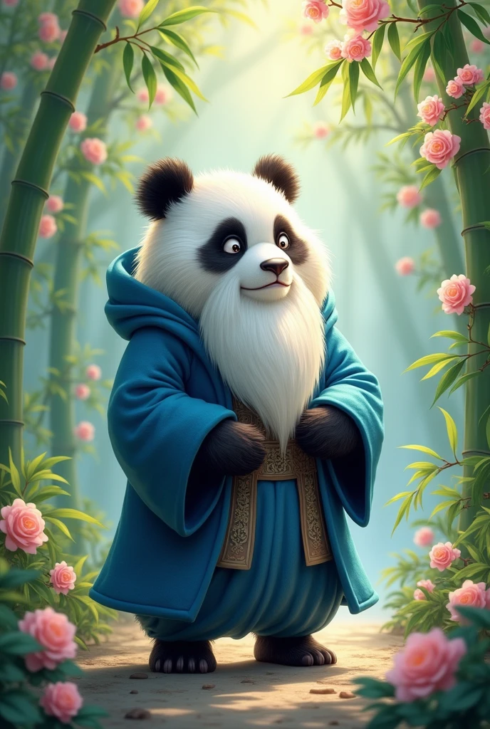an old panda full of wisdom,with a beard and wearing a blue wizard's robe that covers his head,One eye closed,Release magical energy,Cute realistic style,Chinese style in the background