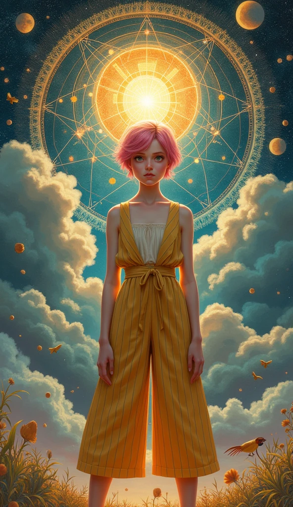 (masterpiece, best quality:1.3),poster,cropped arms,(clear skin,detailed eyes),1girl,age girl,solo,short hair,large eyes,large breasts,female , Middle-aged, Agile, Scandinavian, Chestnut eyes, Narrow Chin, Receding Jaw, Angular Forehead, Square face shape with Angular Jaw, , Pink Undercut hair, Puzzlement, Alchemical Transmutation, Fingers forming alchemical symbols, wearing Pinstripe Barkcloth Goldenrod Culotte pantsuit, Camisole, , , and Conjure (Time compression,Liquid,mammatus clouds,Whipping,Time Crystal Facades Vibration,Convection,Cuboid,Triangle ,Astral magic:1.0), Immersed in an intricate magical map, navigating its arcane paths, Radiant Halo,sleepygimp,