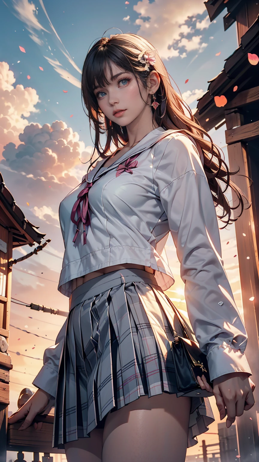 (8k, RAW Photos, Highest quality, masterpiece:1.2)、(Genuine、Realistic:1.37)、1 person、Japanese、Black Hair、Long Hair、(From below:1.4), (a 18years old pretty Japanese girl standing on rooftop of the building、school uniform)、((View your audience))、(White Sailor Suit High 、Ribbon on chest、mini skirt、Pink and gray checked pleated skirt、White panties)、(White panties can be seen from the pleated skirt)、((Sunset sky、cloud))