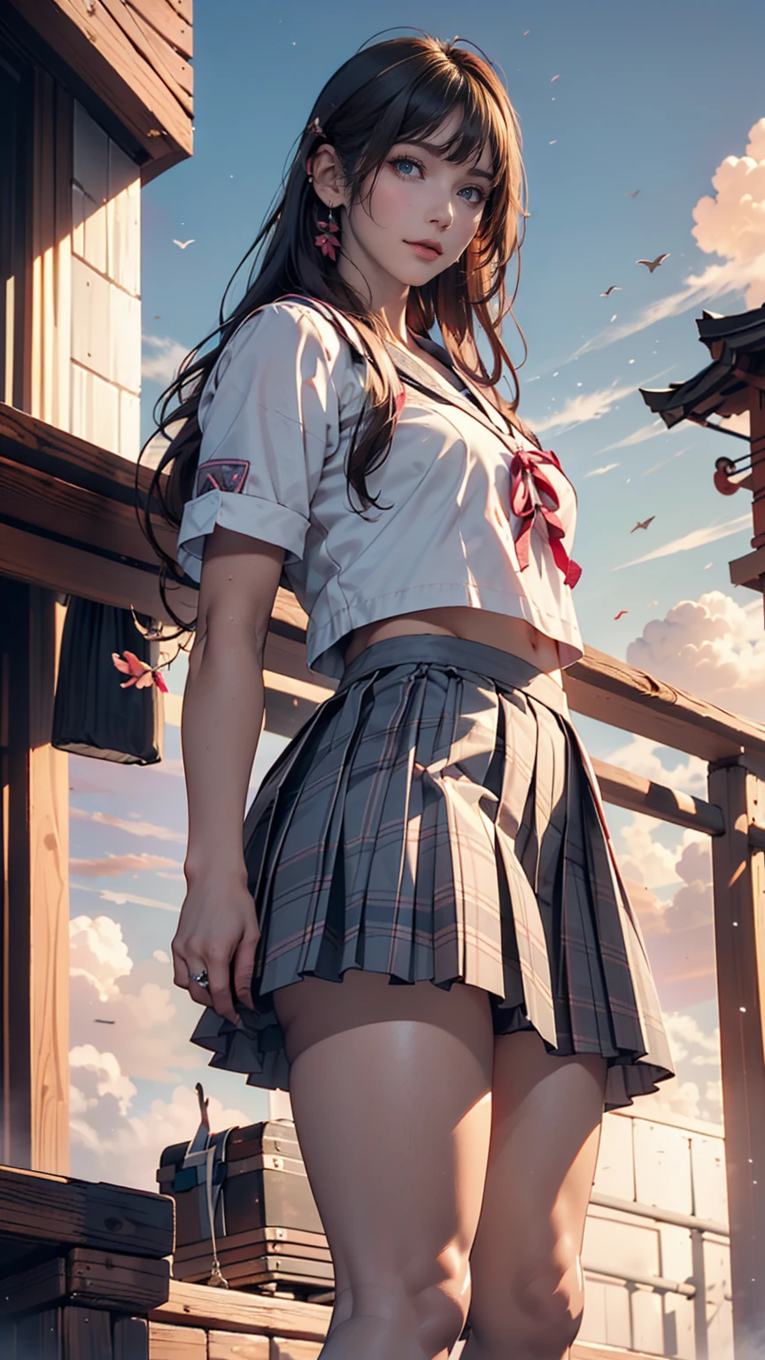 (8k, RAW Photos, Highest quality, masterpiece:1.2)、(Genuine、Realistic:1.37)、1 person、Japanese、Black Hair、Long Hair、(From below:1.4), (a 18years old pretty Japanese girl standing on rooftop of the building、school uniform)、((View your audience))、(White Sailor Suit High 、Ribbon on chest、mini skirt、Pink and gray checked pleated skirt、White panties)、(White panties can be seen from the pleated skirt)、((Sunset sky、cloud))