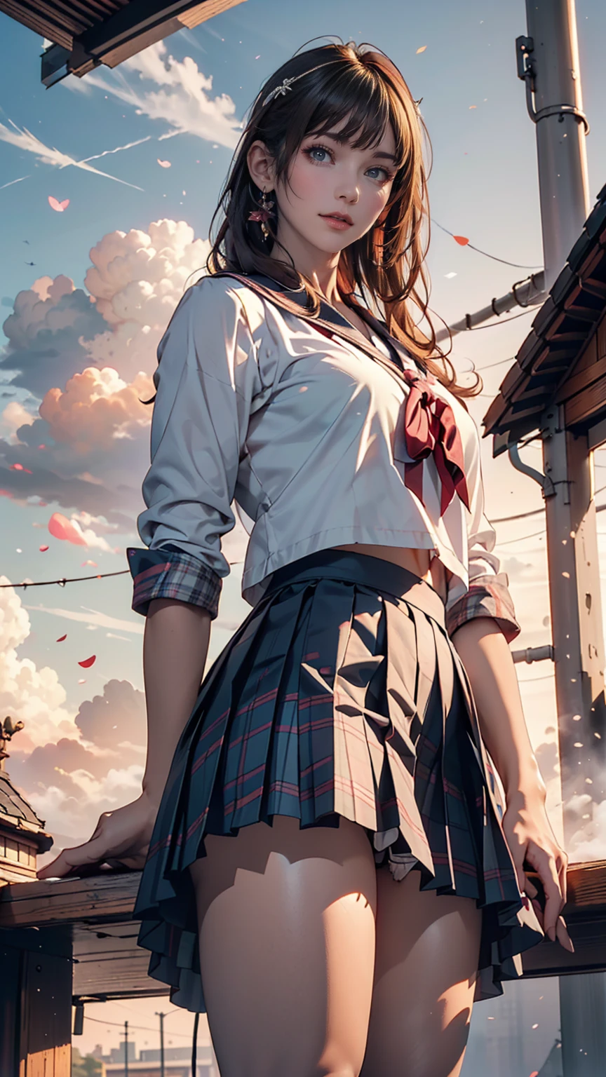 (8k, RAW Photos, Highest quality, masterpiece:1.2)、(Genuine、Realistic:1.37)、1 person、Japanese、Black Hair、Long Hair、(From below:1.4), (a 18years old pretty Japanese girl standing on rooftop of the building、school uniform)、((View your audience))、(White Sailor Suit High 、Ribbon on chest、mini skirt、Pink and gray checked pleated skirt、White panties)、(White panties can be seen from the pleated skirt)、((Sunset sky、cloud))