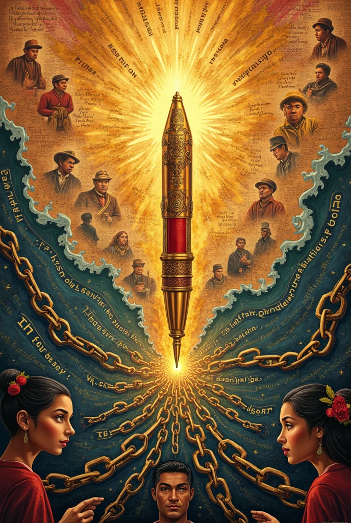 Draw a large, detailed image of a traditional Filipino pen (quill or pluma) in the center, radiating light or energy. The pen symbolizes the Filipino language as a tool of liberation.

Chains Breaking: Around the pen, depict chains breaking apart, symbolizing the language freeing the Filipino spirit from oppression. The broken chains should be artistically designed to resemble letters or phrases in Baybayin, adding cultural depth and relevance.

2. Background: "Waves of Freedom"
Upper Background: Create a background of historical documents or manuscripts, subtly faded, representing the rich history of the Filipino language. Blend these with modern text messages or social media symbols, showing how the language continues to evolve as a tool for expression and freedom.

Lower Background: Illustrate waves or ribbons in the colors of the Philippine flag, sweeping across the poster. These waves can carry images of Filipino heroes like Jose Rizal, Andres Bonifacio, and Gabriela Silang, who used the language as a medium for their revolutionary ideas. The waves can also include snippets of famous Filipino speeches, poems, or quotes, further emphasizing the theme.

3. Supporting Elements: "Faces of the Filipino People"
Diverse Faces: Around the central pen, draw a collage of faces representing the diverse Filipino population—students, farmers, workers, indigenous people, and modern professionals. These faces can be interconnected by lines of text or phrases in Filipino, symbolizing how the language unites the nation across different sectors and generations.

Baybayin Script: Integrate Baybayin script subtly within the waves or background, adding a cultural and historical element. This connects the past and present, reinforcing the theme of language as a continuous source of empowerment.

4. Textual Elements:
Title Placement: Position the title "Filipino: Wikang Mapagpalaya" at the top, using a bold and culturally inspired font, such as one reminiscent of Baybayin or a hand-l