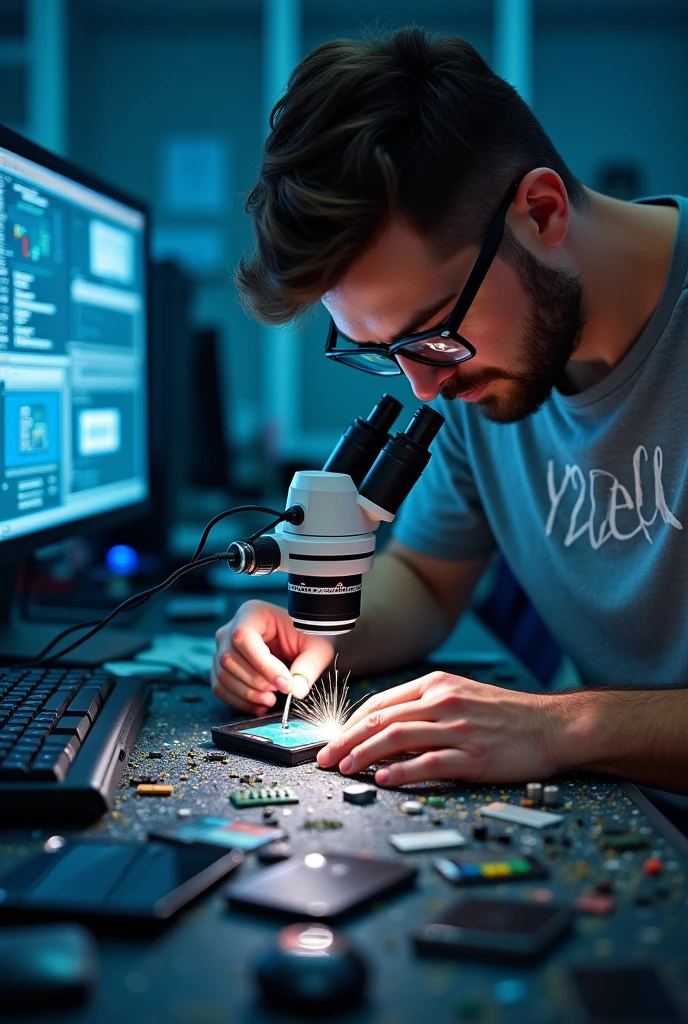 A bespectacled cell phone technician working with a microscope, computer,He solders with advanced equipment and wears a shirt that says Y2Cell.