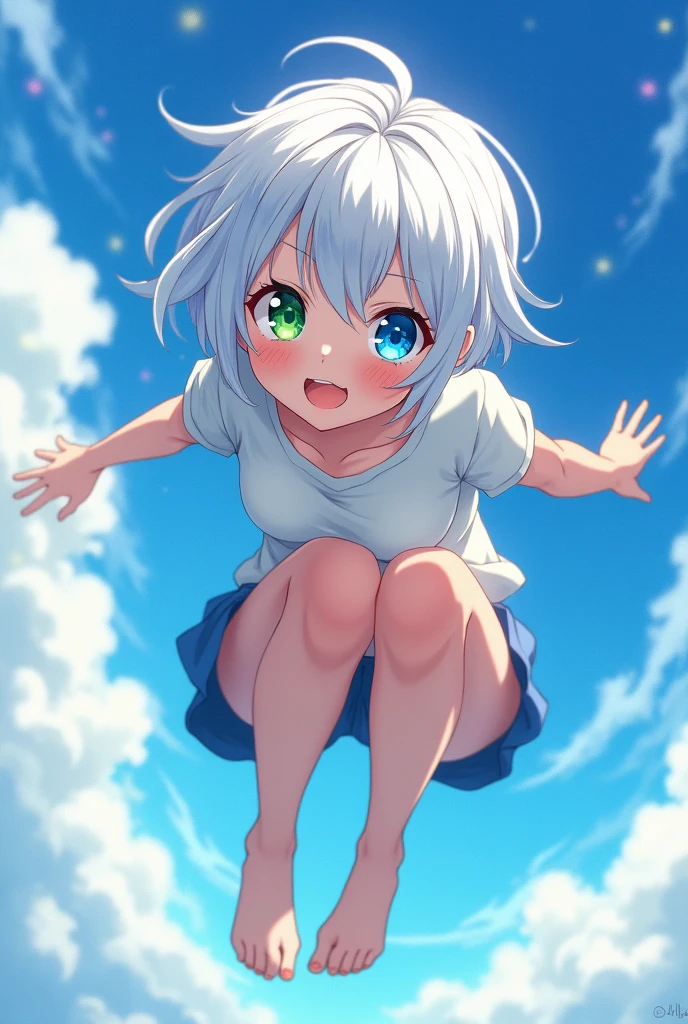 anime style, young adult woman, with one blue eye and one green eye, short white hair.
The woman is in a floating or falling position. The figure is in a hunched pose, with legs bent towards the torso and arms slightly extended.
The figure's hair is short and messy, with some loose strands that seem to float around the head, which suggests movement