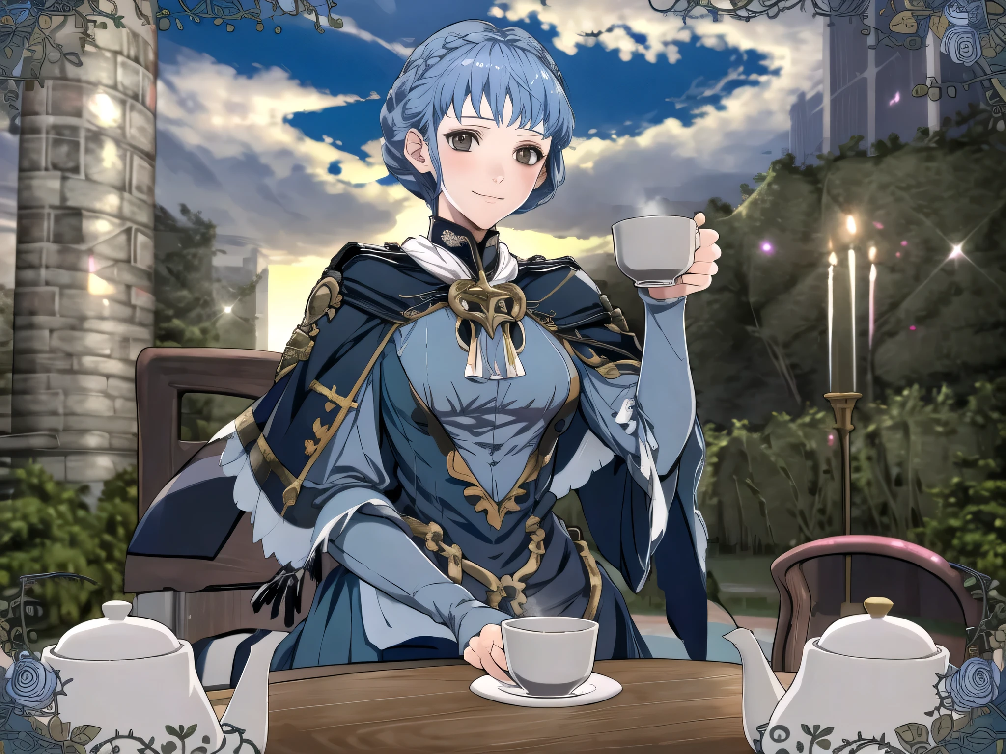 masterpiece, best quality, 1girl, smile, solo, looking at viewer, cup, table, food, teapot, outdoors, sitting, sky, clouds, sunset, BREAK masterpiece, best quality, marianne_timeskip, blue dress, capelet, upper body, looking at viewer, solo, 1girl