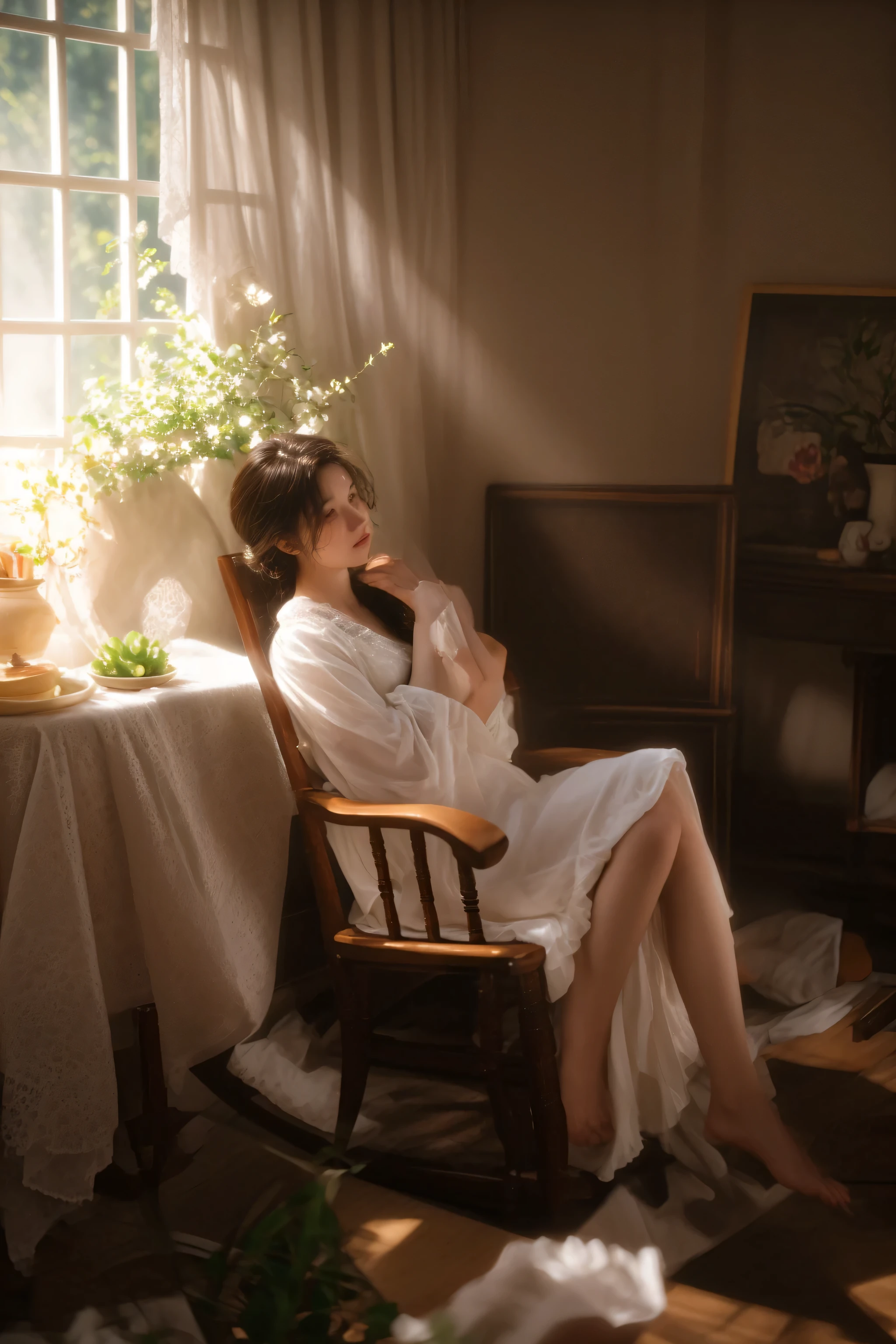 there is a woman sitting in a rocking chair with a cup of coffee, summer morning light, inspired by William-Adolphe Bouguereau, dreamy atmosphere and drama, soft morning light, soft ethereal lighting, portrait shot, dreamy scene, morning lighting, summer morning, inspired by Howard Chandler Christy, inspired by Thomas Stothard, soft morning lighting, summer afternoon