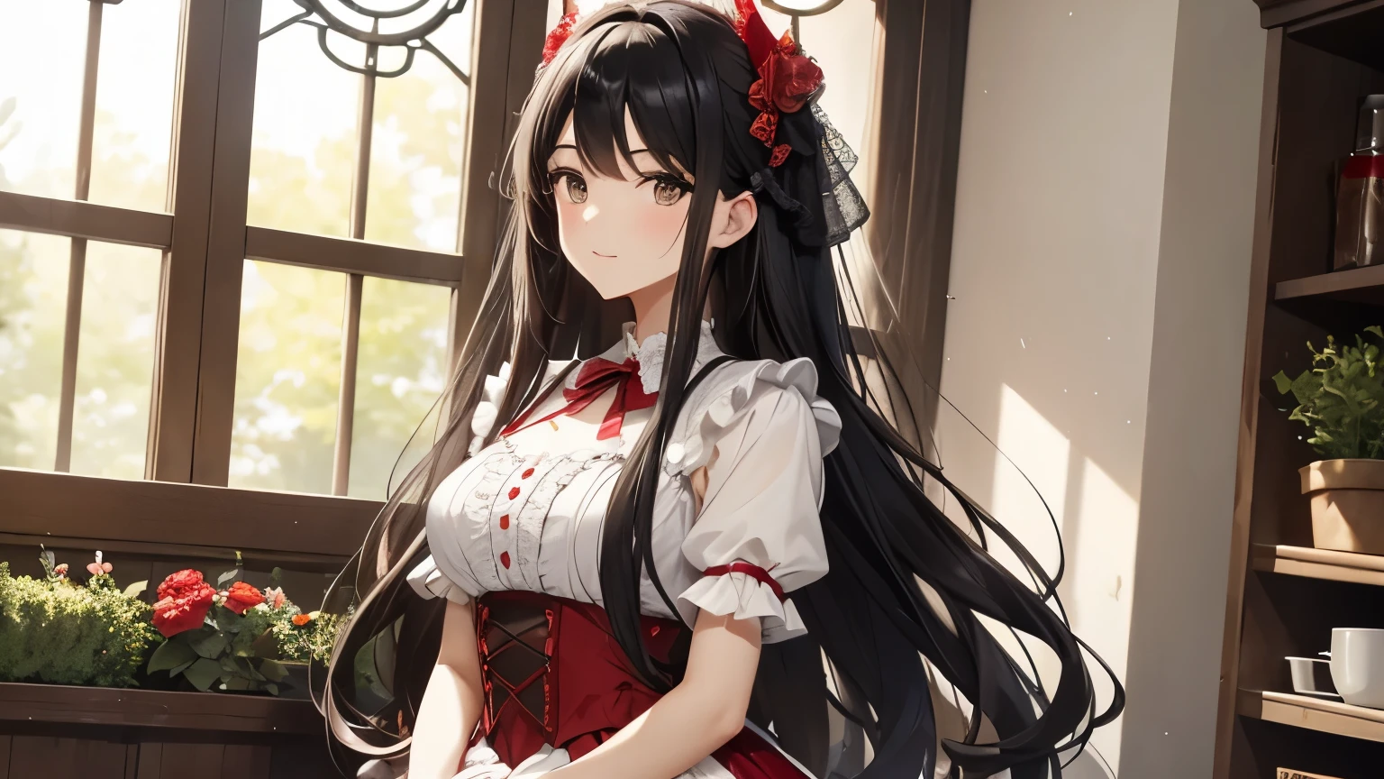 A beautiful woman wearing a red and white pannier dress with lots of frills and lace.　Long black hair half-up with hair accessories　Upper Body