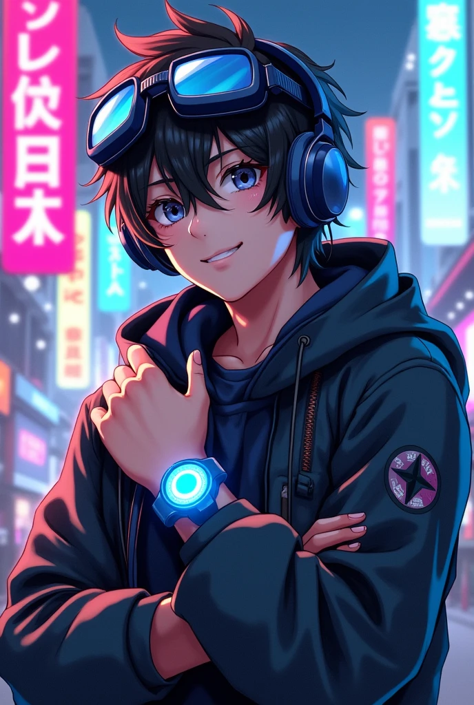 Handsome boy anime professional add goggles add headphone add smartwatch