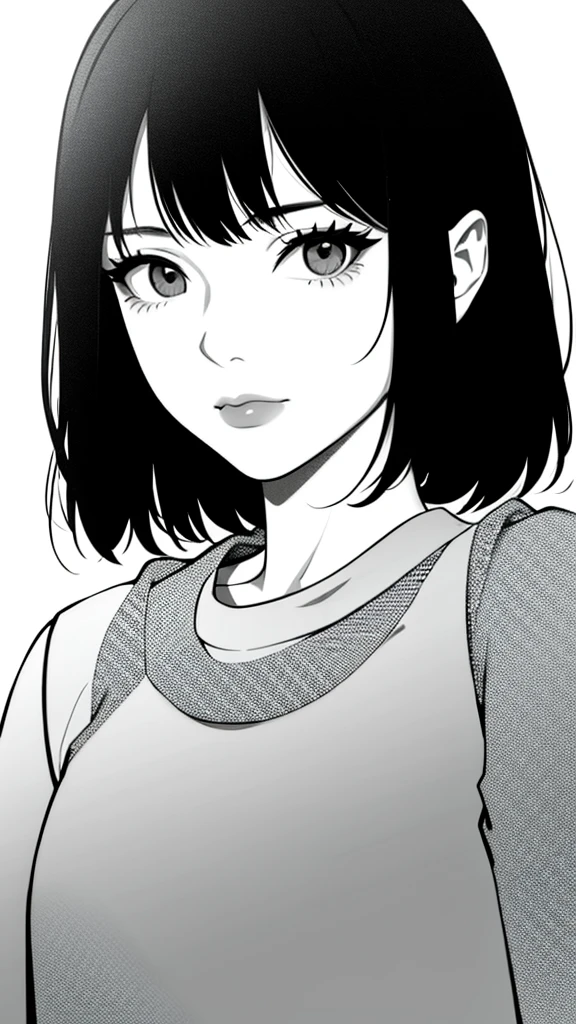 1girl, solo, monochrome, greyscale, short black hair, portrait, shirt, closed mouth, looking at viewer, sketch, graphite \(medium\), small lips, hatching \(texture\), without makeup, bangs, upper body,