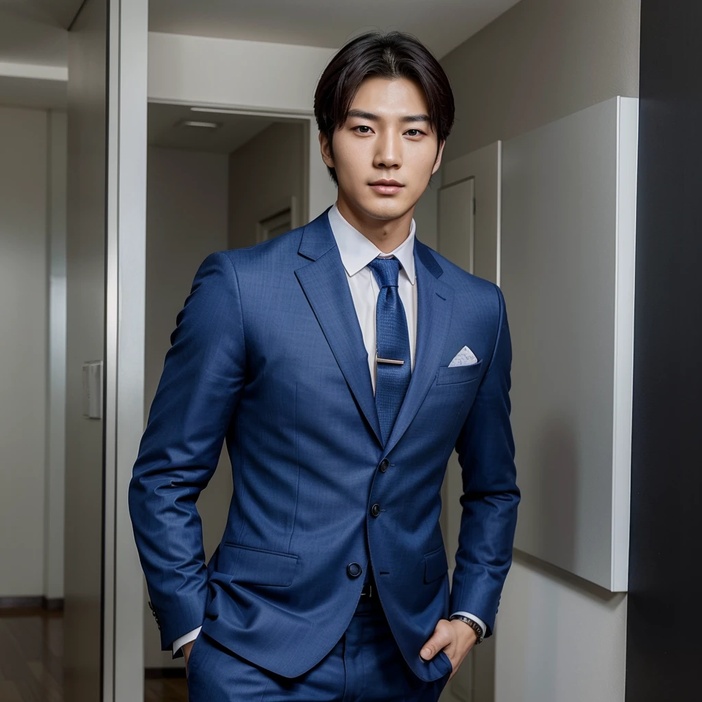 make a super handsome korean man who is in his late 20s but looks young he has a strict CEO look on his face wears a nice suit,has blue pretty eyes,is tall and has a big and very nice built