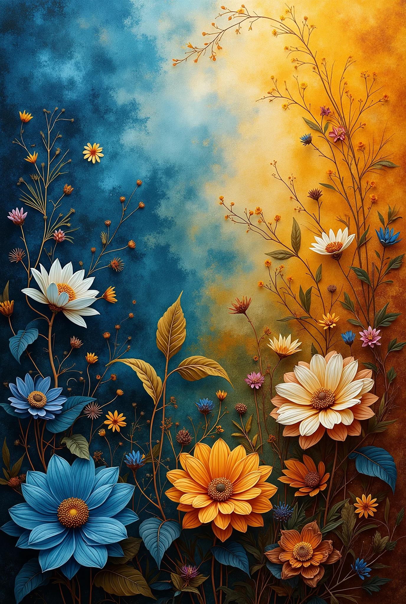 close-up of a Renaissance style painting featuring a vibrant background of complementary colors with a mix of blue and yellow tones. The painting is adorned with a variety of floral elements that add to its visual appeal