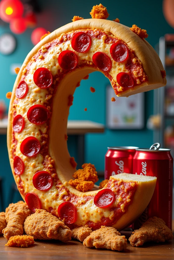 the letter "C" made of various junk foods like pizzas and chicken wings drinks and stuff