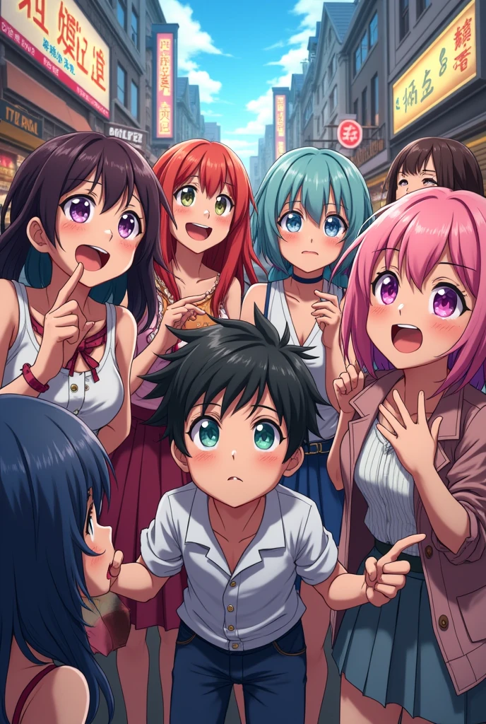 A crowd of women lustfully licking a boy, anime