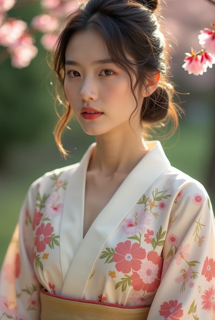 An elegantly dressed Japanese woman in natural light、A close-up of her chest and calm expression.、It shows her inner peace and outer charm.。