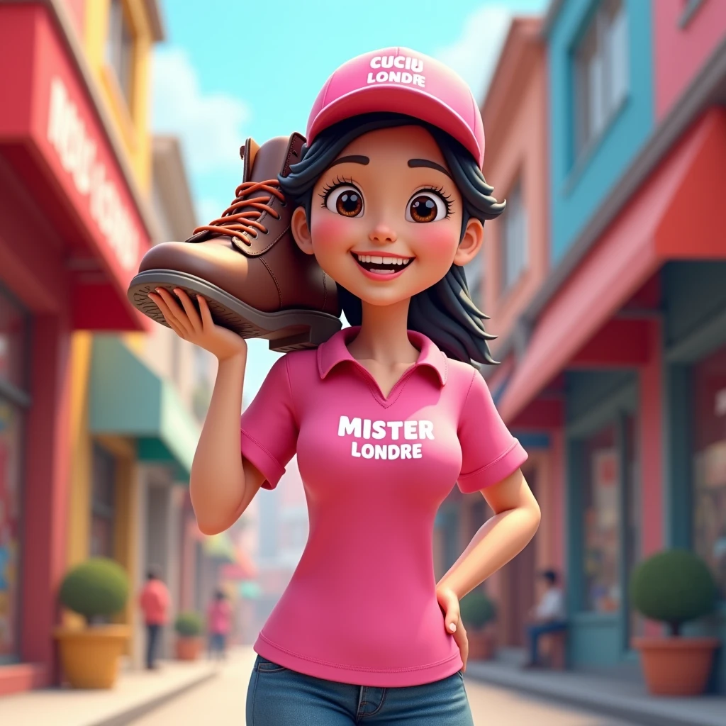 3D cartoon, HD, a Chinese woman as a laundry courier, wearing a pink shirt with text logo MISTER LONDRE, carrying a SHOE, the title says "CUCI SEPATU MU" , no logo