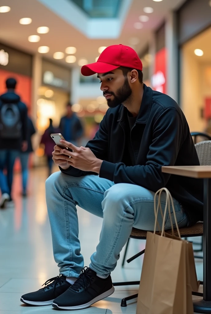 best qualityer:1.4), (ultra high resolution:1.2), (photorrealistic:1.4), (8k, CRU photo:1.2), A 20-year-old man, brown skin, sem beard, Red cap, black jersey, light blue jeans that reach the ankles, black sneakers, he's sitting at a shopping mall table, looking at his phone. There's a bag on top of the table