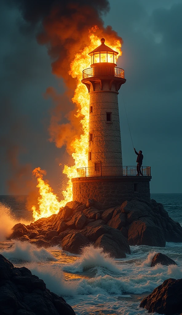 Worker falling from a lighthouse on fire close up