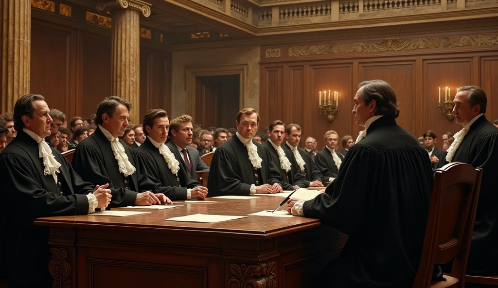 A courtroom scene in early 19th century France, where the Napoleonic Code is being applied, with judges and lawyers in discussion."