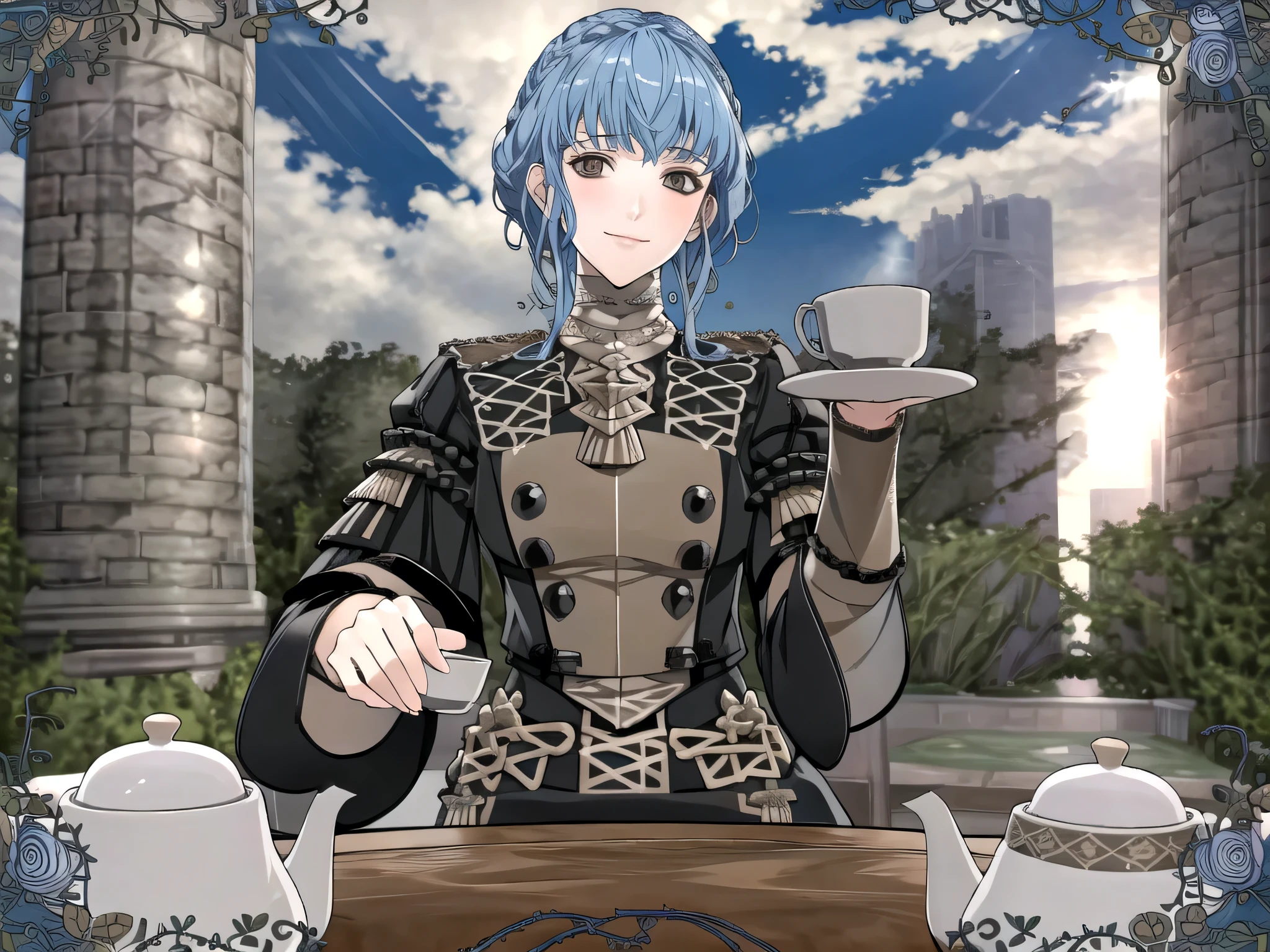 masterpiece, best quality, 1girl, smile, solo, looking at viewer, cup, table, food, teapot, outdoors, sitting, sky, clouds, sunset, BREAK masterpiece, best quality, masterpiece, best quality, marianne_academy, garreg mach monastery uniform, upper body, looking at viewer