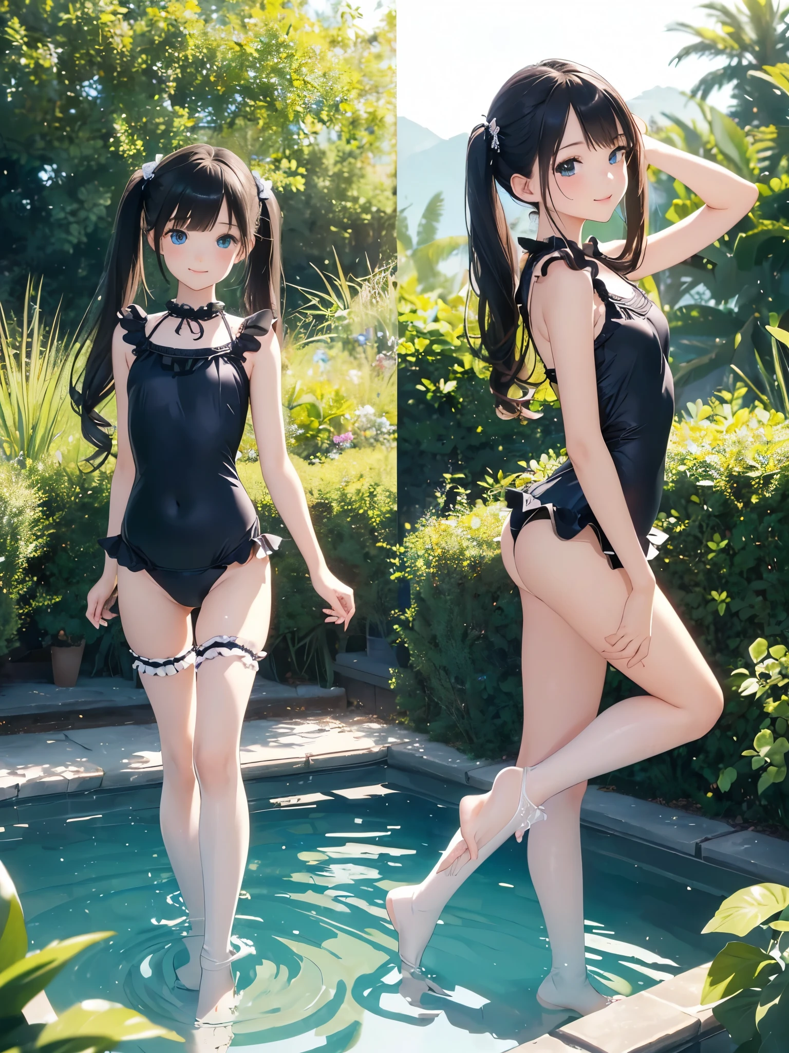 ((masterpiece)), ((highest quality、Ultra high definition)), (Very detailed),(8k、Photo quality)、((Amazingly cute girl)),-yeld gi), Two people, , (Beautiful emerald blue eyes), ((smile、Small breasts)),In the open-air bath overlooking the sea, Beautifully arranged black hair in twin tails、Slim Body、(((Cute swimsuit with lace and frills)))、Professional Lighting、(White lace knee-highore detailed and beautiful)、(More details and cutenesore realistic)、((Just wear light clothing))、Frolic in the pool、((unbelievably cute))、((A cute pose))、((Front and back view))、((At dusk))、(Have a drink to stay hydrated)、