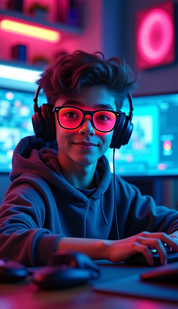 Create a logo of a cool teenage gamer wearing glasses, in a cool computer room with awesome computer equipment.