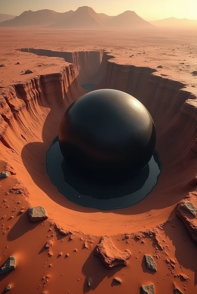 there is a smooth black bubble growing in a rift between two martian land masses, the bubble anchored itself to rift walls, it is producing more of itself but smaller, and climbing higher, astronauts are witnessing it for the first time,