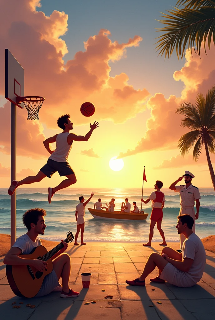 I want 1guy playing guitar and 1guy playing basketball while the 1other guy is playing video games and there's a sunset in ocean with a boat of seaman and a guy salute in marine uniform animated 