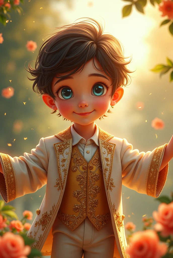 Draw me a picture, a 7-8  boy wearing very luxurious clothes, the picture is drawn from head to half of his body, gentle smile, blue eyes, gently raising his arms wide open, beautiful face and comfortable.