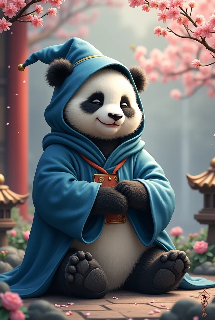 an old panda full of wisdom,One eye closed,with a beard and wearing a blue wizard's robe that covers his head,Release magical energy,Cute realistic style,Chinese style in the background
