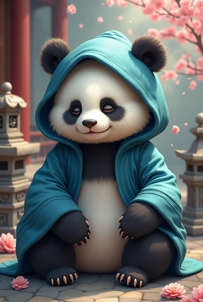 an old panda full of wisdom,One eye closed,with a beard and wearing a blue wizard's robe that covers his head,Release magical energy,Cute realistic style,Chinese style in the background