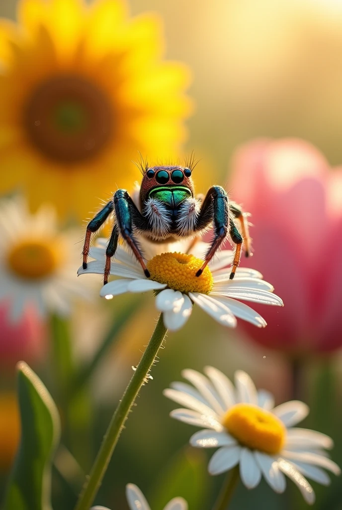 ‍a jumping spider jumping from a flower to another flower