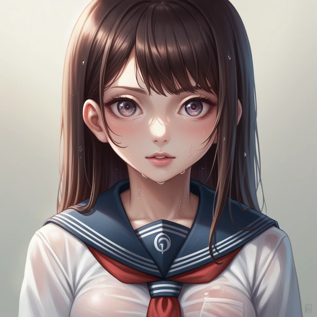 (hyperrealistic), (8K), (extremely detailed), (best illustration), (beautiful detailed eyes), (best quality), (ultra-detailed), (masterpiece), (wallpaper), (detailed face), solo, 1 girl, one-hour drawing challenge, wet sweat, (school uniform:1.3), looking at the audience, exquisite details, detailed faces, ,pureerosfaceace_ v1,