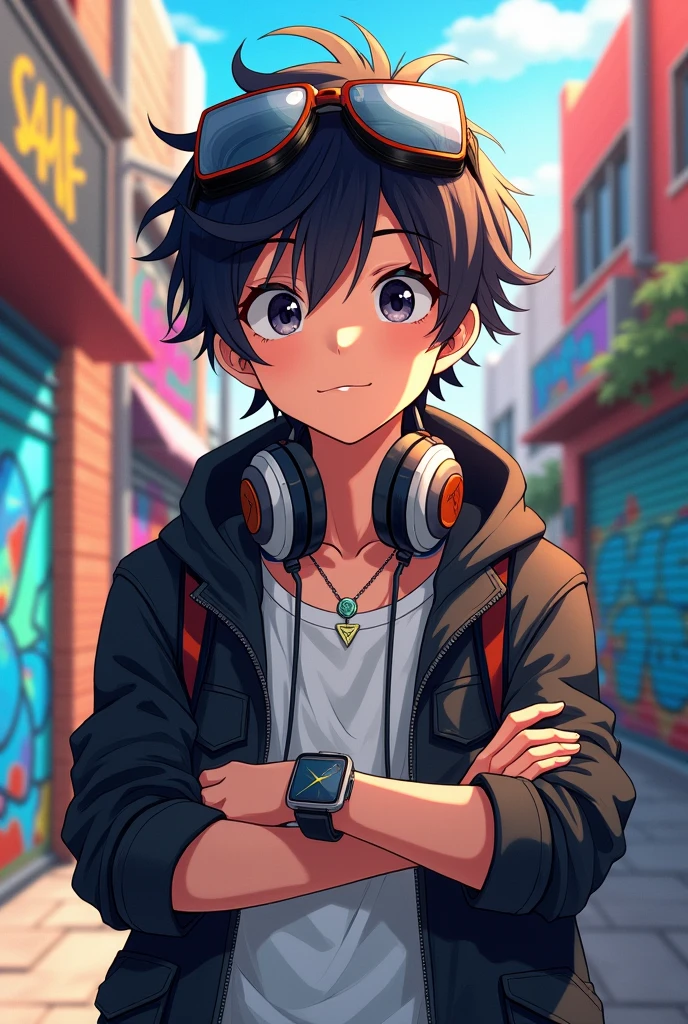 Handsome boy anime professional add goggles add headphone add smartwatch add v locket