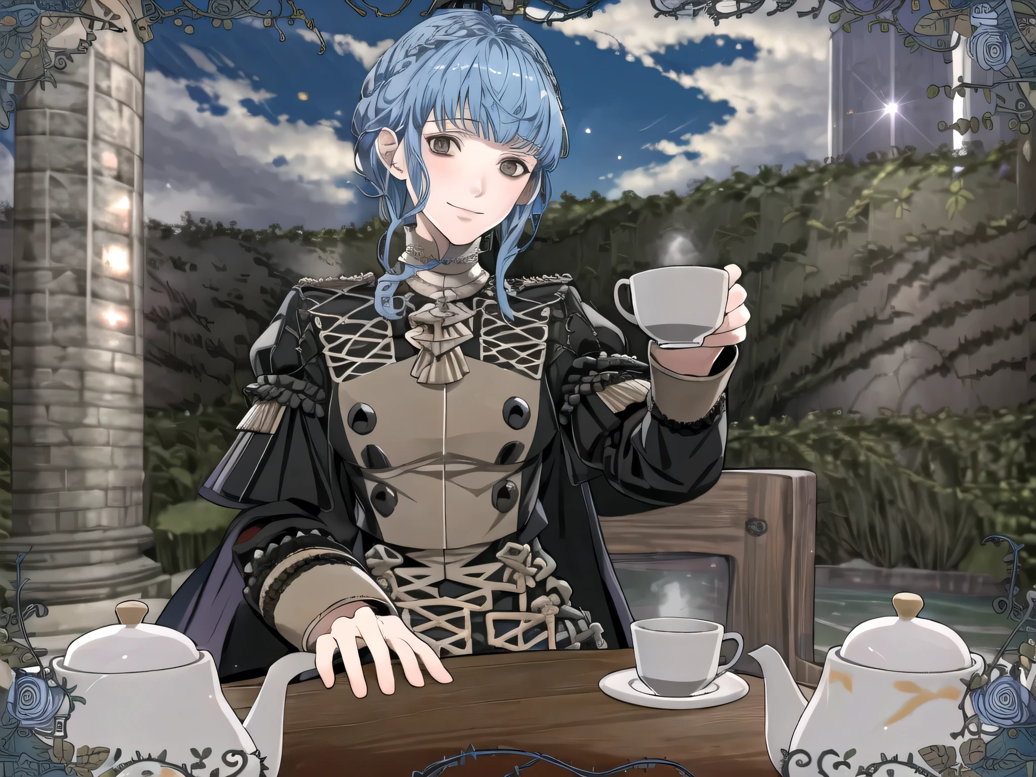 masterpiece, best quality, 1girl, smile, solo, looking at viewer, cup, table, food, teapot, outdoors, sitting, sky, clouds, sunset, BREAK masterpiece, best quality, masterpiece, best quality, marianne_academy, garreg mach monastery uniform, upper body, looking at viewer