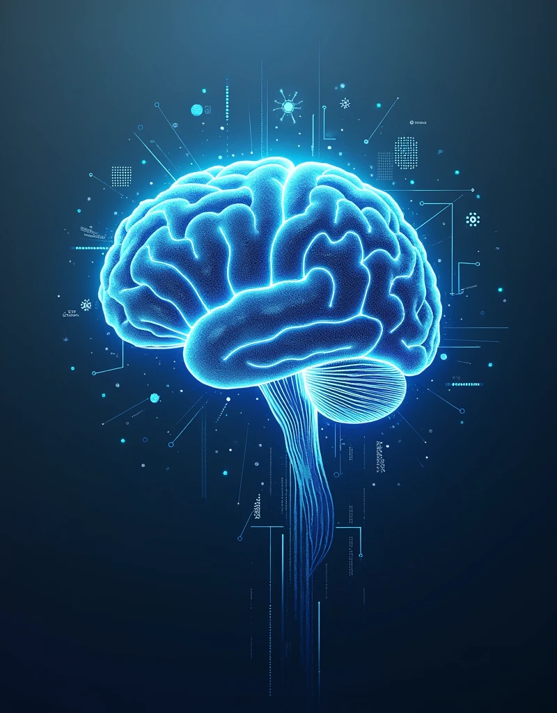 make a poster with AI human brain and a grey-bluish background
