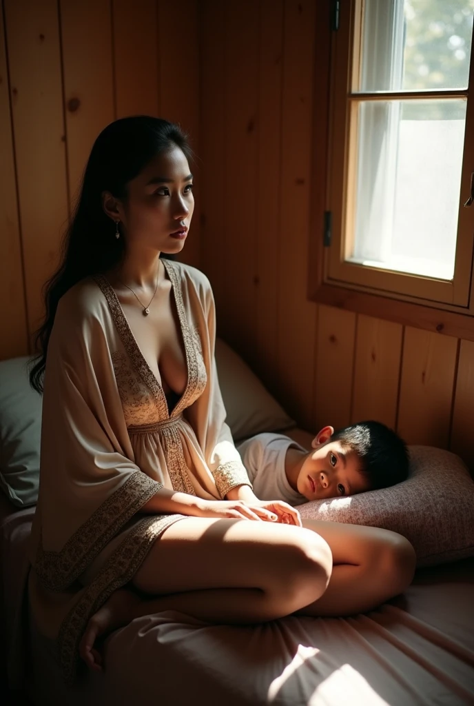 a beautiful, slim, 32 year old Indonesian woman wearing a hijab wearing a gamis with open buttons, visible bra with a sad facial expression sitting on the bed while contemplating, next to a 14 year old boy who is sleeping on a simple mattress in a room. with wooden walls.