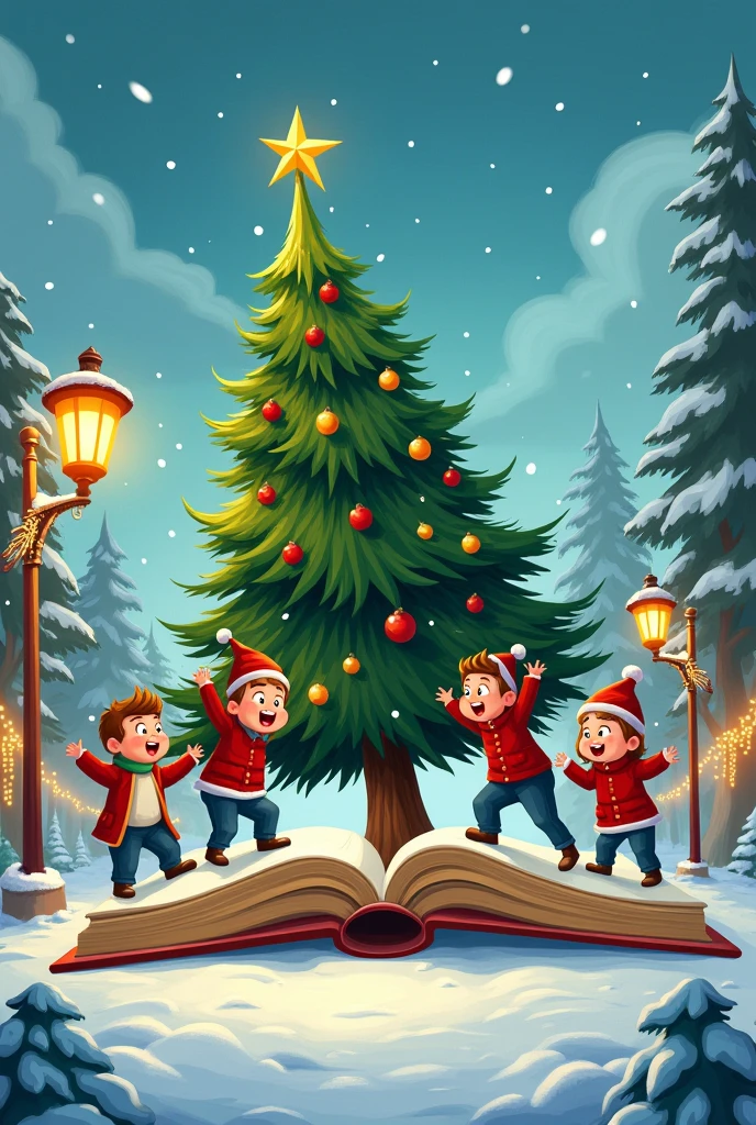 People chopping down a Christmas tree on top of a book with the tree falling