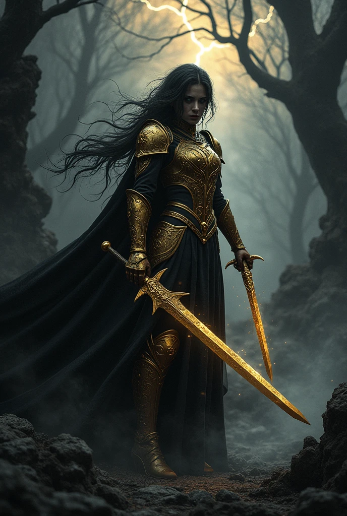 Golden-armored female warrior, dsrk style sounds.