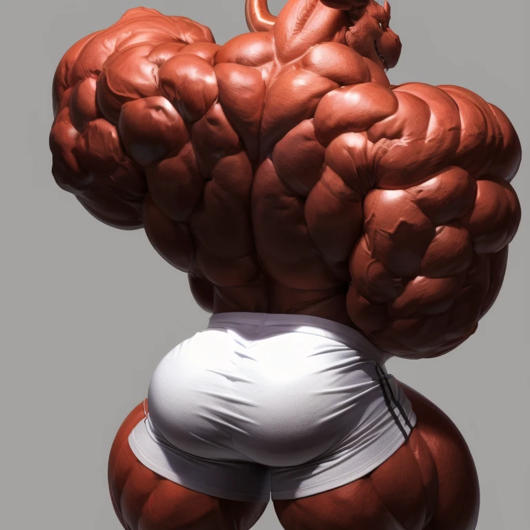 hyper growth, Hyper Muscles, Muscular, Big Muscles, exaggeratedly huge Bulge, hyper muscles, furry growth, a dragon, cute red dragon, shirtless, wearing white shorts, exaggeratedly muscular, exaggeratedly huge muscles, exaggeratedly huge biceps and arms, rear view on a gray background