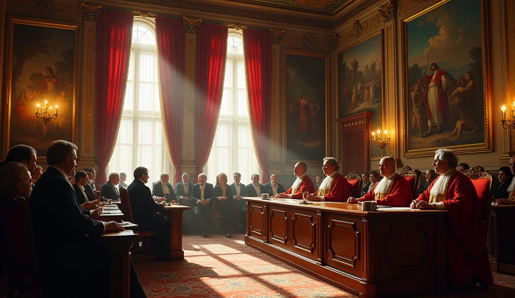 A courtroom scene in early 19th century France, where the Napoleonic Code is being applied, with judges and lawyers in discussion."