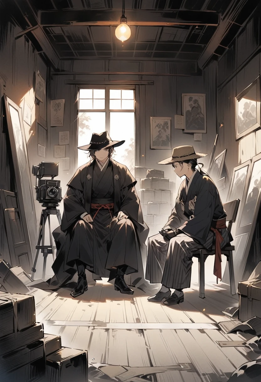 A cinematic behind-the-scenes scene showcasing two actors seated on director’s chairs. The actor on the left is dressed in a stylish black cowboy outfit, complete with a wide-brimmed hat, black gloves, and pinstriped pants, giving a Western film vibe. The actor on the right, in contrast, is dressed in traditional samurai attire, featuring a dark kimono with intricate floral patterns and holding a katana. The setting appears to be a rustic, dimly-lit interior, with worn-out walls and minimal light coming through a small window in the background. There are visible film set equipment and props, including a camera dolly and some bags placed on the ground. The juxtaposition of the two characters, one from a Western and the other from a samurai genre, adds an intriguing cultural blend to the scene.