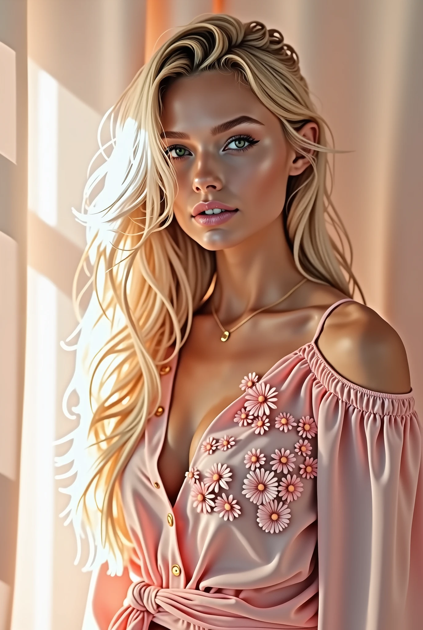 a woman with long blonde hair wearing a pink shirt, blonde swedish woman, blonde, pink lips, sexy face, instagram model laurence bedard, pink girl, dasha taran, pink face, thin light pink lips, anna nikonova aka newmilky, pink shirt, perfect face ), with (visiable hard nipples:1.5)

