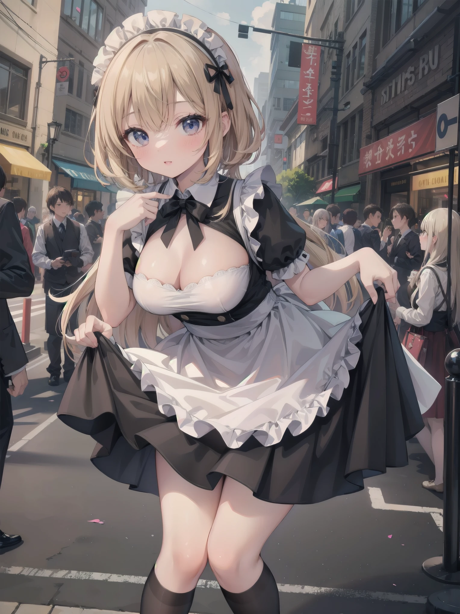 ((highest quality、High resolution、8K、masterpiece:1.3))、1 girl、unparalleled beauty、ultimate beauty、super detailed face、delicate eyes、smile、sexy look、Depth of the bounds written、light particles、side light、((blonde、maid、maid服、white panties))、(((expression of ecstasy、Looks embarrassed、Making sexual advances in a busy public place)))、perfect body、beautiful breasts、nipple、tits、Thighhighs、thighs